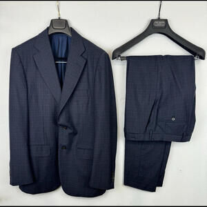 D'Avenza 2-Piece Wool Suit Navy Burgundy Check Size 50 R - 6 EU, 40 US